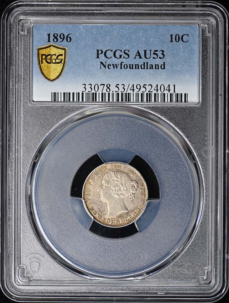 Canada Newfoundland 1896 Dime Victoria AU53 Graded by PCGS: Canada Newfoundland 1896 Dime Victoria AU53 Graded by PCGS This is a 1896 Newfoundland 10 cent coin featuring Queen Victoria, officially certified by PCGS with a grade of AU53. The coin is circulated 