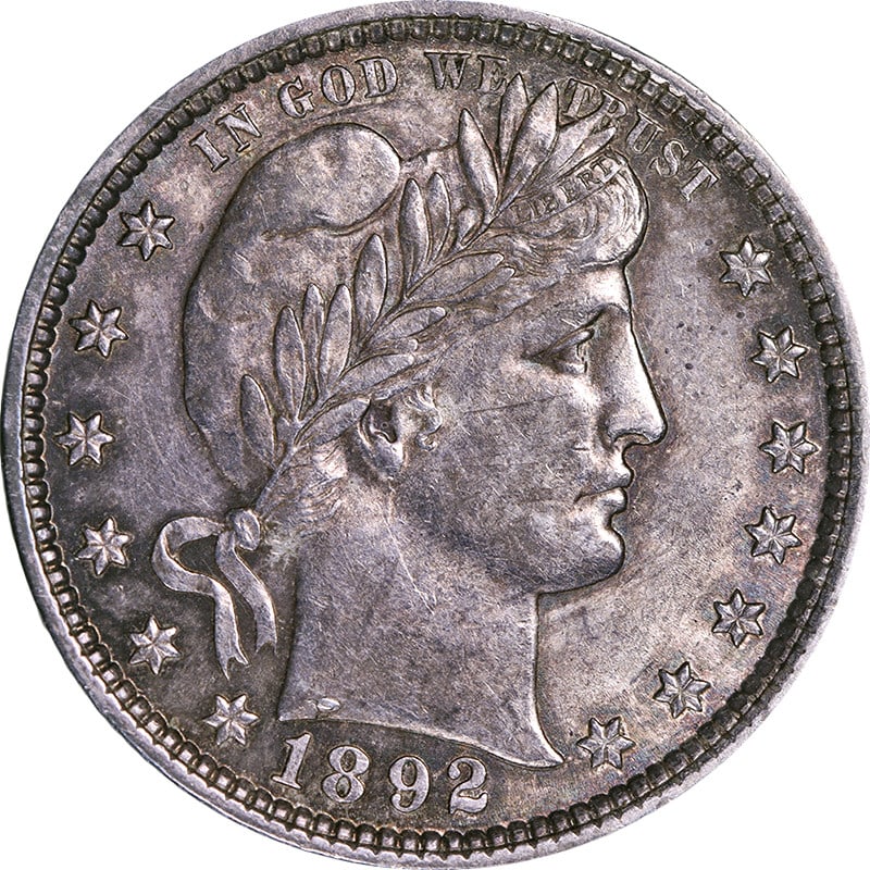 1892-P Silver Barber Quarter Strong Strike Choice AU or BU: 1892-P Silver Barber Quarter Strong Strike Choice AU or BU This 1892-P Barber Quarter features exceptional eye appeal with a beautiful luster and a strong strike. The coin exhibits vibrant color and w