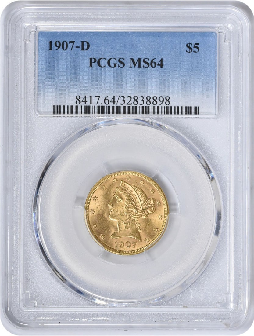 PCGS MS64 1907-D Liberty Head Five Dollar Gold Coin: PCGS MS64 1907-D Liberty Head Five Dollar Gold Coin This 1907-D $5 Gold Liberty Head coin is an uncirculated specimen graded MS64 by PCGS. Minted in Denver, the coin is composed of 90% gold and 10% co