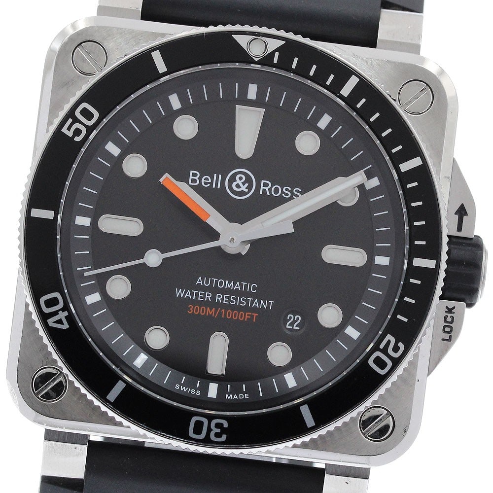 Bell&Ross BR03-92-DIV men's automatic diver watch with date: Bell&Ross BR03-92-DIV men's automatic diver watch with date Bell & Ross BR03-92-DIV Diver automatic men's wristwatch with date display. This Swiss-made watch features a black dial, stainless steel cas