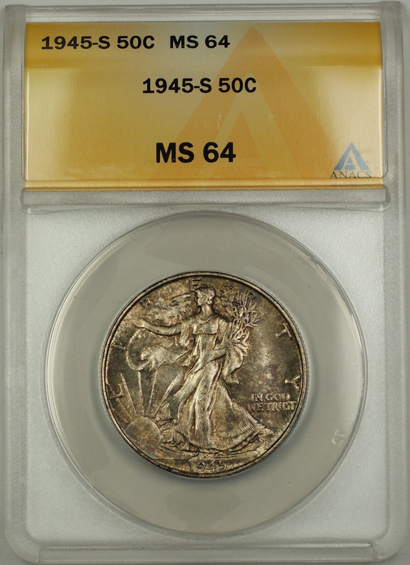 ANACS MS-64 1945-S Walking Liberty Half Dollar Silver 50c Toned: ANACS MS-64 1945-S Walking Liberty Half Dollar Silver 50c Toned 1945-S Walking Liberty silver half dollar coin graded MS-64 by ANACS. This uncirculated 50c coin is noted as toned and comes in pre-owne