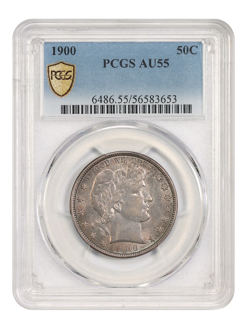 PCGS AU55 1900 Barber Half Dollar 50C Philadelphia: PCGS AU55 1900 Barber Half Dollar 50C Philadelphia 1900 Barber Half Dollar certified by PCGS in AU55 condition. This circulated, pre-owned coin was struck at the Philadelphia Mint and is identified as