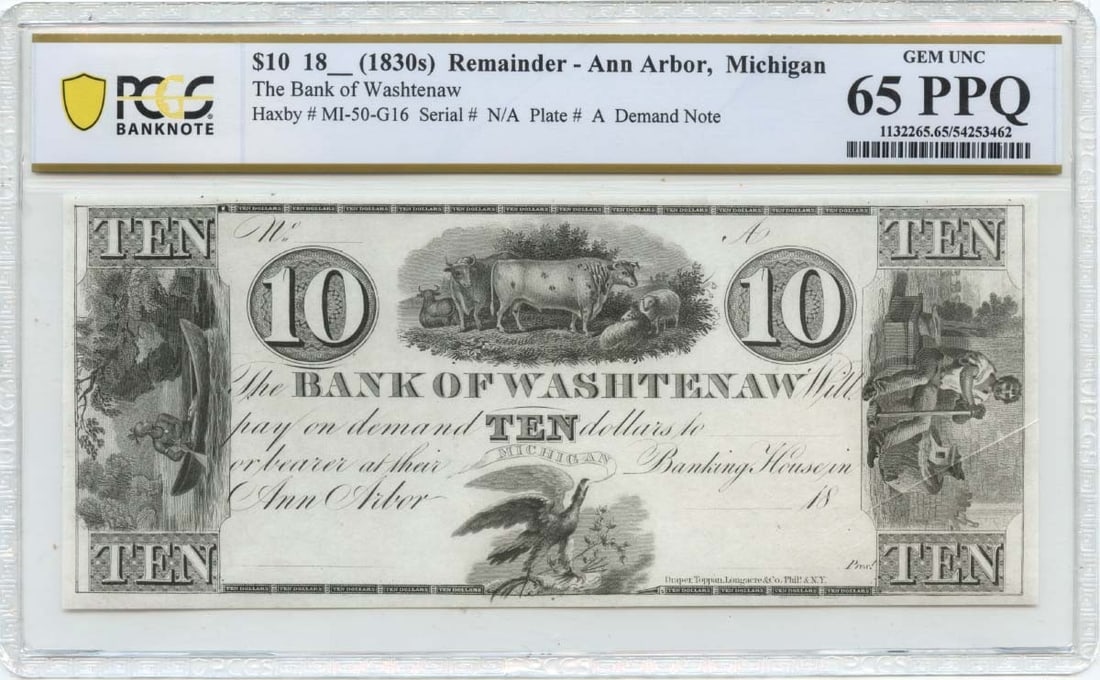 PCGS GEM 65 PPQ 1830s Bank of Washtenaw Ann Arbor MI $10 Note: PCGS GEM 65 PPQ 1830s Bank of Washtenaw Ann Arbor MI $10 Note 1830s $10 obsolete note from the Bank of Washtenaw in Ann Arbor, Michigan. This pre-owned banknote is certified by PCGS Banknote and desig