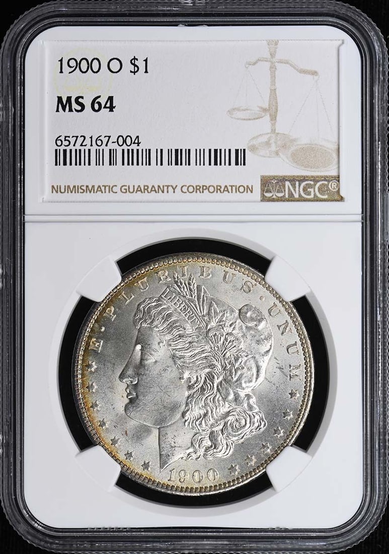 NGC MS64 1900 O Morgan Silver Dollar $1: NGC MS64 1900 O Morgan Silver Dollar $1 Certified 1900-O Morgan Dollar with an NGC MS64 grade. This pre-owned United States silver dollar is an uncirculated example from the New Orleans Mint. Specific
