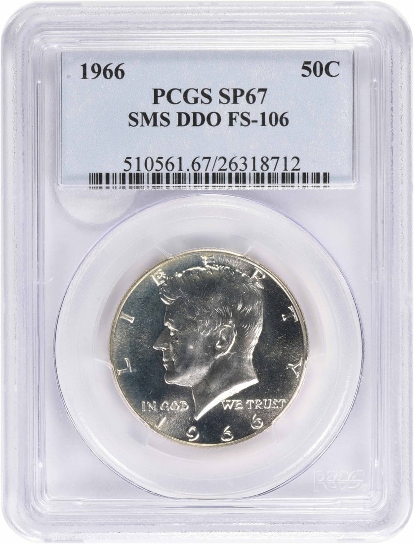 PCGS SP67 1966 Kennedy 50C Silver Special Strike FS-106 DDO: PCGS SP67 1966 Kennedy 50C Silver Special Strike FS-106 DDO 1966 Kennedy Silver Half Dollar Special Strike coin graded SP67 by PCGS. This uncirculated 50C issue is identified as DDO FS-106 and is a pr