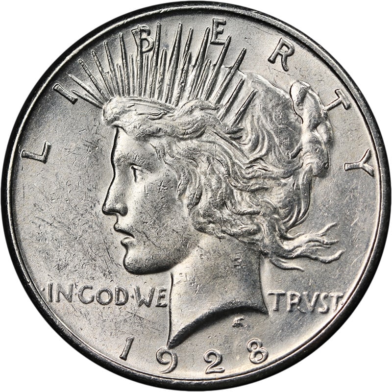 Uncirculated 1928 S Peace Silver Dollar Bright White: Uncirculated 1928 S Peace Silver Dollar Bright White 1928-S Peace Dollar in uncirculated condition with bright white color, nice luster, a nice strike, and pleasing overall eye appeal. This pre-owned 