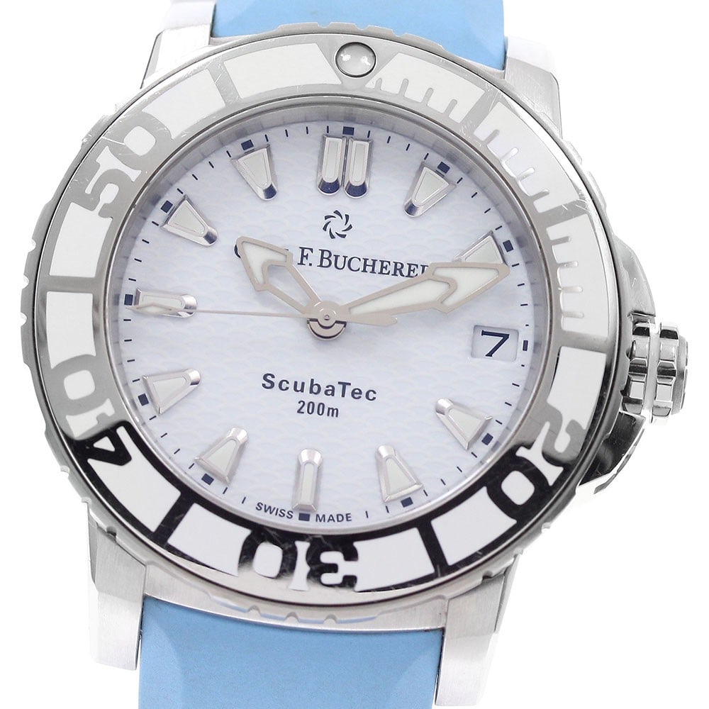 Carl F Bucherer Patravi ScubaTec 10634.23 Ladies Automatic Date Watch: Carl F Bucherer Patravi ScubaTec 10634.23 Ladies Automatic Date Watch Carl F. Bucherer Patravi ScubaTec Date automatic women's wristwatch with a white dial, stainless steel case, and rubber strap. Thi