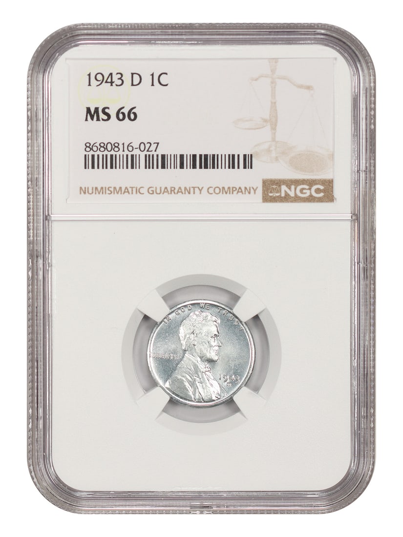 NGC MS66 1943-D Lincoln Wheat Cent 1C WW2 Steel Issue: NGC MS66 1943-D Lincoln Wheat Cent 1C WW2 Steel Issue 1943-D Lincoln Cent with Wheat Reverse, struck in steel during World War II. This certified NGC MS66 example is an uncirculated coin and a popular