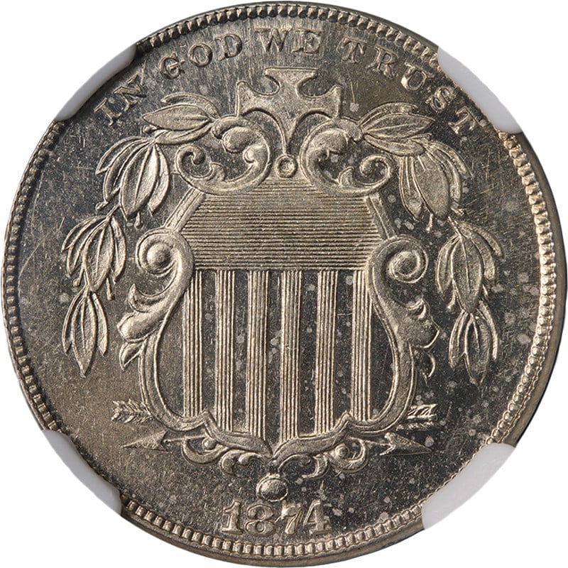 1874 United States Shield Nickel NGC PF62 Uncirculated: 1874 United States Shield Nickel NGC PF62 Uncirculated 1874 Shield Nickel graded NGC PF62. This uncirculated coin offers decent eye appeal with nice luster, a nice strike, bright white color, and nice
