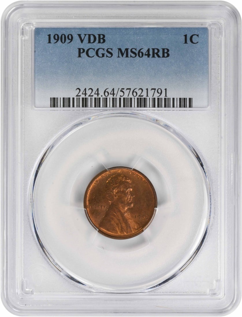 PCGS MS64RB 1909 VDB Lincoln Wheat Small Cent: PCGS MS64RB 1909 VDB Lincoln Wheat Small Cent 1909 VDB Lincoln Wheat small cent graded MS64RB by PCGS. This pre-owned United States copper coin is an uncirculated example of the classic Lincoln cent s