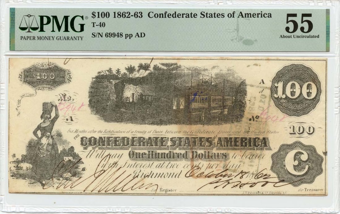 PMG AU55 1862 T-40 Confederate States of America $100 Note (1 of 2)