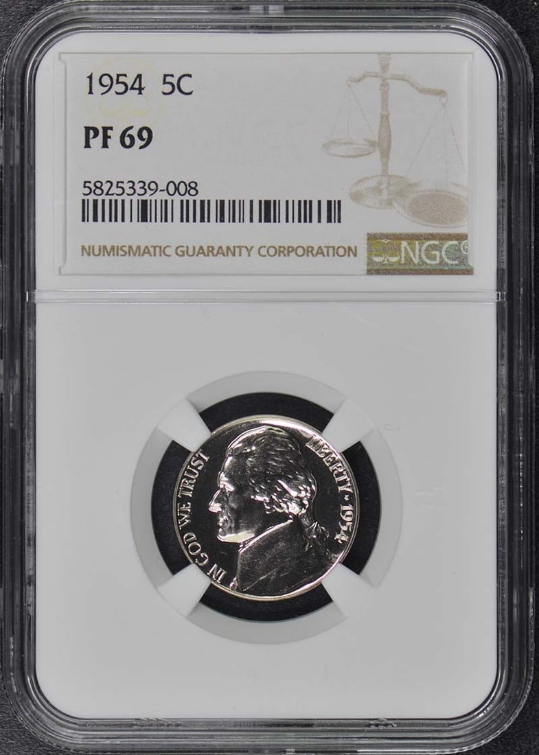 NGC PR69 Proof 1954 Jefferson Nickel Philadelphia Certified: NGC PR69 Proof 1954 Jefferson Nickel Philadelphia Certified This is a 1954 Jefferson Nickel graded PR69 by NGC. The coin is a proof strike, uncirculated, and was minted in Philadelphia. It is a pre-ow