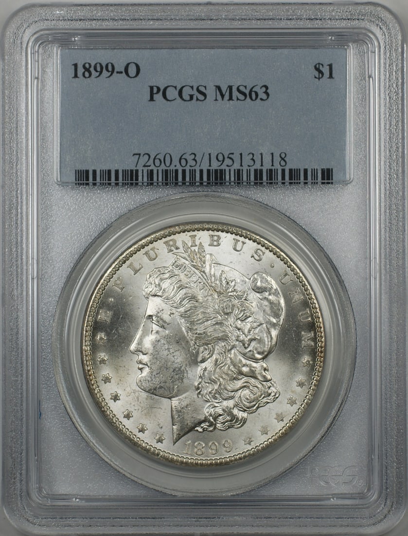 PCGS MS 63 1899 O Morgan Silver Dollar $1: PCGS MS 63 1899 O Morgan Silver Dollar $1 1899-O Morgan Silver Dollar $1 coin from the United States, certified by PCGS and graded MS-63. This uncirculated silver coin was minted in New Orleans and is