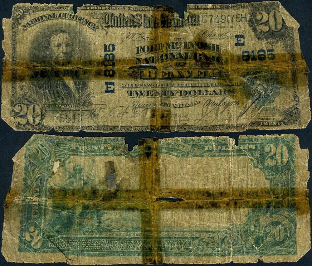 Fort McIntosh NB Beaver Pennsylvania 1902 PB $20 National Bank Note CH 8185: Fort McIntosh NB Beaver Pennsylvania 1902 PB $20 National Bank Note CH 8185 1902 PB $20 National Bank Note from Beaver, Pennsylvania, issued by Fort McIntosh National Bank, charter number 8185. This c