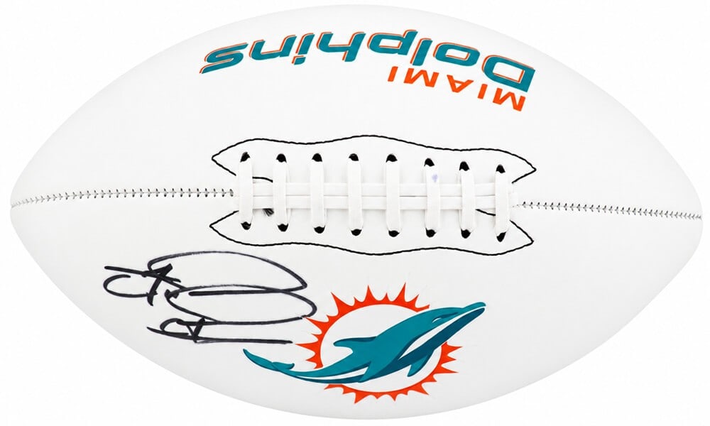 Autographed Franklin Logo Football Tua Tagovailoa Miami Dolphins Fanatics COA: Autographed Franklin Logo Football Tua Tagovailoa Miami Dolphins Fanatics COA Autographed Miami Dolphins Franklin white logo football signed by Tua Tagovailoa. This original signed ball is pre-owned a