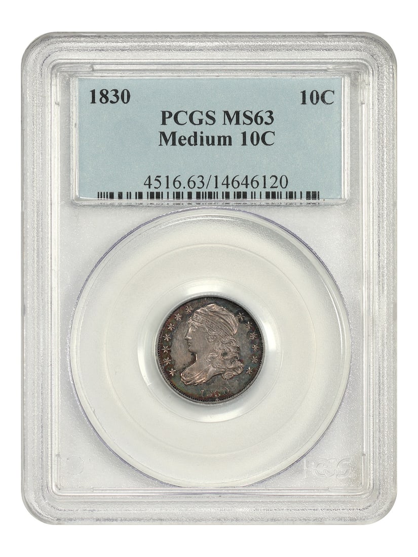 1830 PCGS MS63 Capped Bust Dime Medium 10C Philadelphia: 1830 PCGS MS63 Capped Bust Dime Medium 10C Philadelphia 1830 Capped Bust Dime certified by PCGS in MS63. This uncirculated example is the Medium 10c variety and features mottled toning across both sid