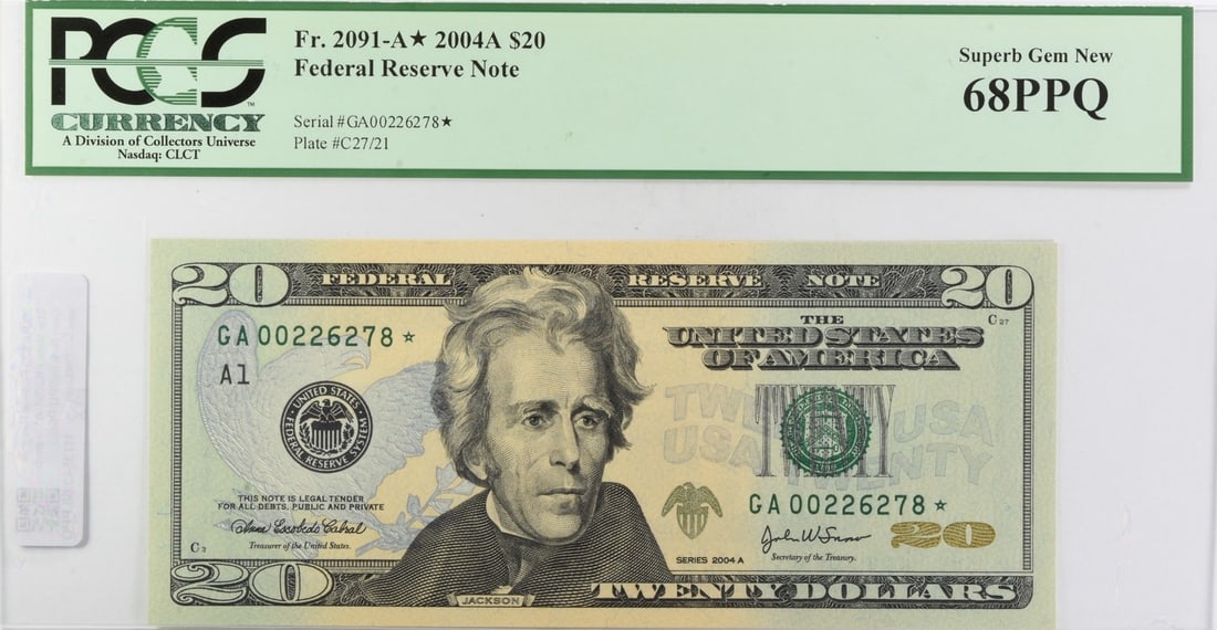 PCGS 68PPQ 2004 $20 Federal Reserve Star Note FR2091-A*: PCGS 68PPQ 2004 $20 Federal Reserve Star Note FR2091-A* 2004A $20 Federal Reserve Star Note certified by PCGS and graded Superb Gem Uncirculated 68PPQ. This pre-owned United States banknote is an unci
