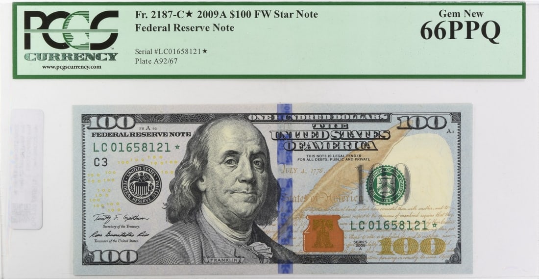 PCGS 66PPQ 2009 $100 Federal Reserve Star Note FR2187-C*: PCGS 66PPQ 2009 $100 Federal Reserve Star Note FR2187-C* 2009A $100 Federal Reserve Star Note certified by PCGS and graded Gem Uncirculated 66PPQ. This pre-owned United States banknote is an uncircula