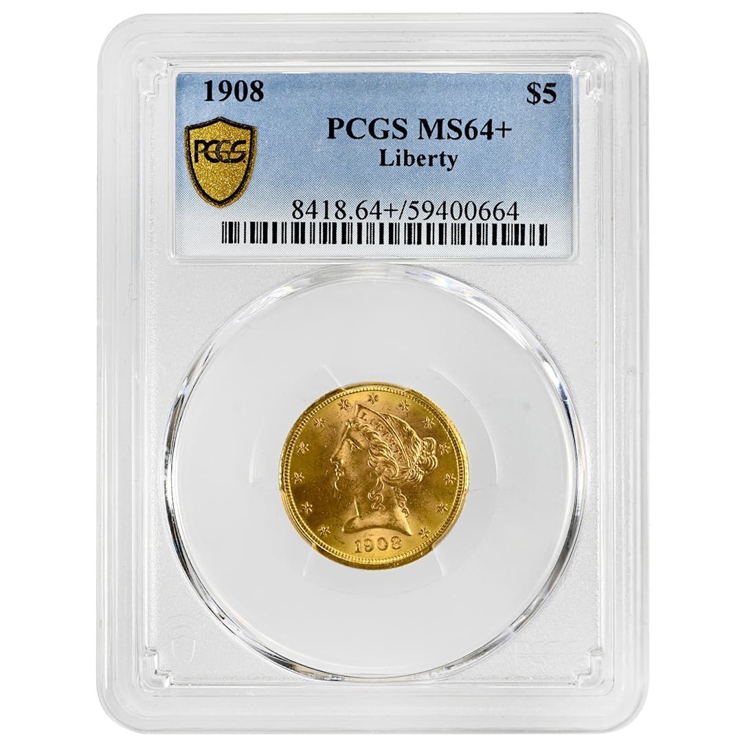 1908 $5 Liberty Head Half Eagle Gold Coin PCGS MS64+: 1908 $5 Liberty Head Half Eagle Gold Coin PCGS MS64+ 1908 Liberty Head $5 Half Eagle gold coin, graded PCGS MS64+ and identified as a With Motto issue. This pre-owned United States coin was minted in 