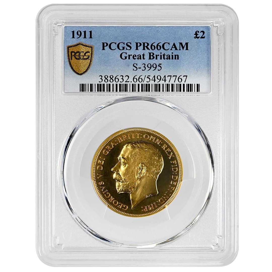 United Kingdom 1911 George V Gold 2 Pounds PCGS PR66CAM: United Kingdom 1911 George V Gold 2 Pounds PCGS PR66CAM 1911 George V Two Pounds gold coin from the United Kingdom, graded PCGS PR66CAM. Great Britain S-3995. The coin is with highly reflective fields