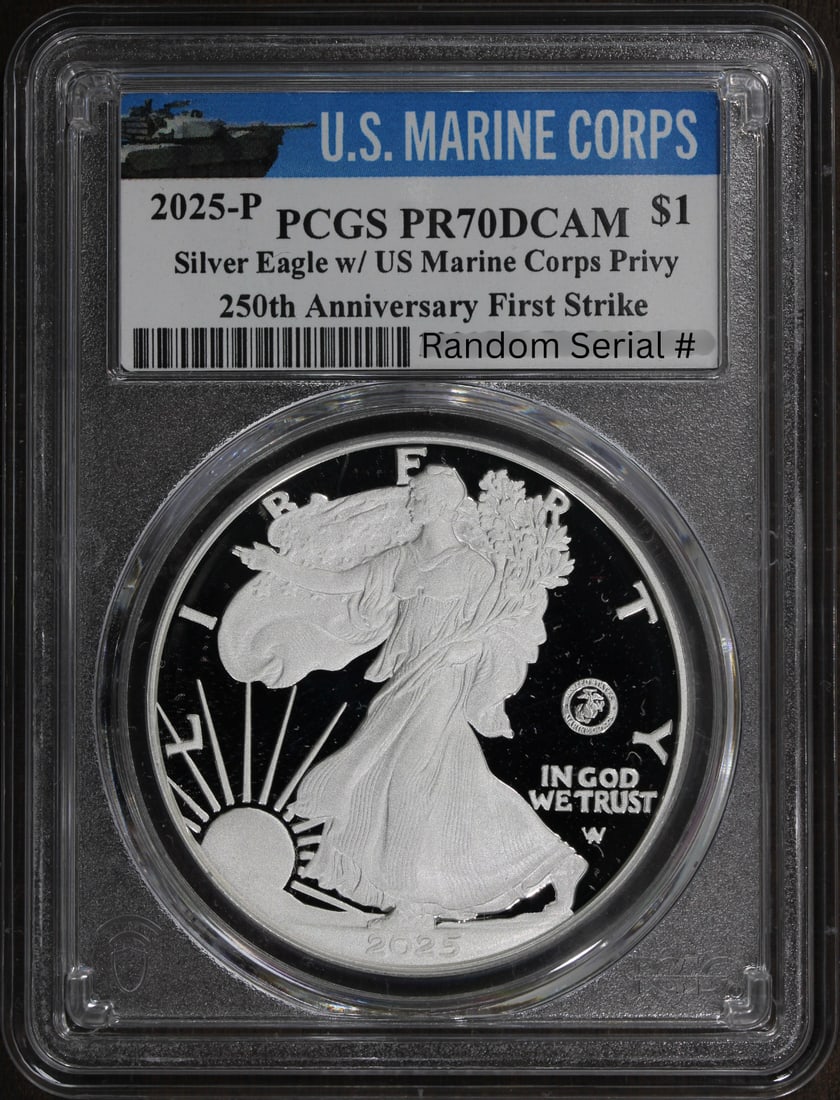 PCGS First Strike 2025-P American Silver Eagle Proof PR70 Marine Privy: PCGS First Strike 2025-P American Silver Eagle Proof PR70 Marine Privy 2025-P Proof American Silver Eagle coin with U.S. Marine Privy, graded PR70 and designated First Strike by PCGS. This pre-owned s