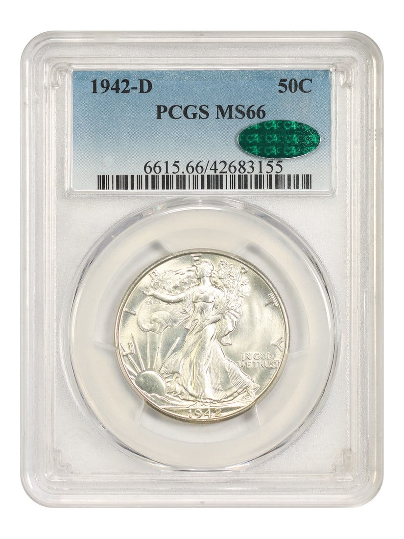PCGS CAC MS66 1942-D Walking Liberty 50C Half Dollar: PCGS CAC MS66 1942-D Walking Liberty 50C Half Dollar 1942-D Walking Liberty Half Dollar, certified by PCGS and bearing a CAC designation. This uncirculated coin is a pre-owned example of the classic 5