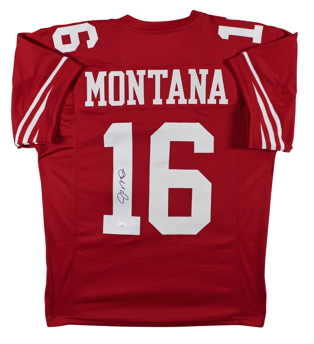 Joe Montana Autographed Red Pro Style Jersey JSA Certified San Francisco 49ers: Joe Montana Autographed Red Pro Style Jersey JSA Certified San Francisco 49ers This authentic red pro style jersey has been personally signed by legendary quarterback Joe Montana, known for his time w