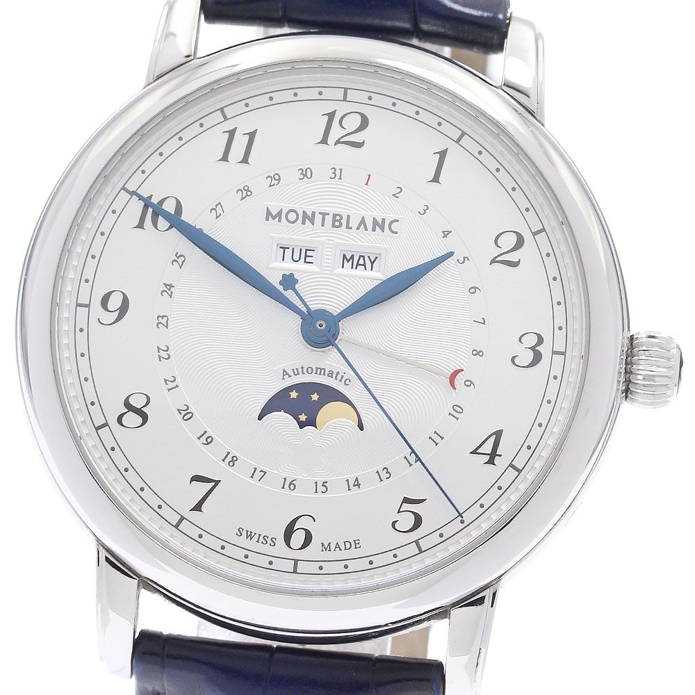 Montblanc Star Legacy automatic wristwatch ref 7474 MB119955 moonphase: Montblanc Star Legacy automatic wristwatch ref 7474 MB119955 moonphase Montblanc Star Legacy men's automatic wristwatch with triple calendar and moon phase functions. This watch features a silver dial
