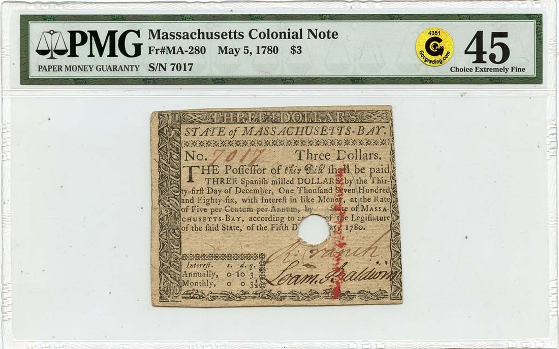 Massachusetts Colonial 3 Dollar Note May 5 1780 PMG XF45 Fr MA-280: Massachusetts Colonial 3 Dollar Note May 5 1780 PMG XF45 Fr MA-280 1780 Massachusetts Colonial Note dated May 5 with a $3 denomination. This pre-owned note has been graded XF45 by PMG. Specifications 