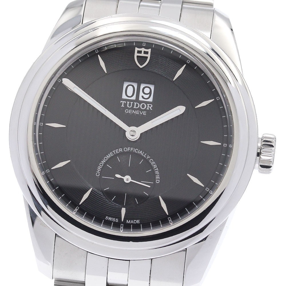 TUDOR Glamour 57100 mens automatic wristwatch black dial: TUDOR Glamour 57100 mens automatic wristwatch black dial TUDOR Glamour Double Date automatic men's wristwatch with a black dial and stainless steel case and bracelet. Features include date and small s
