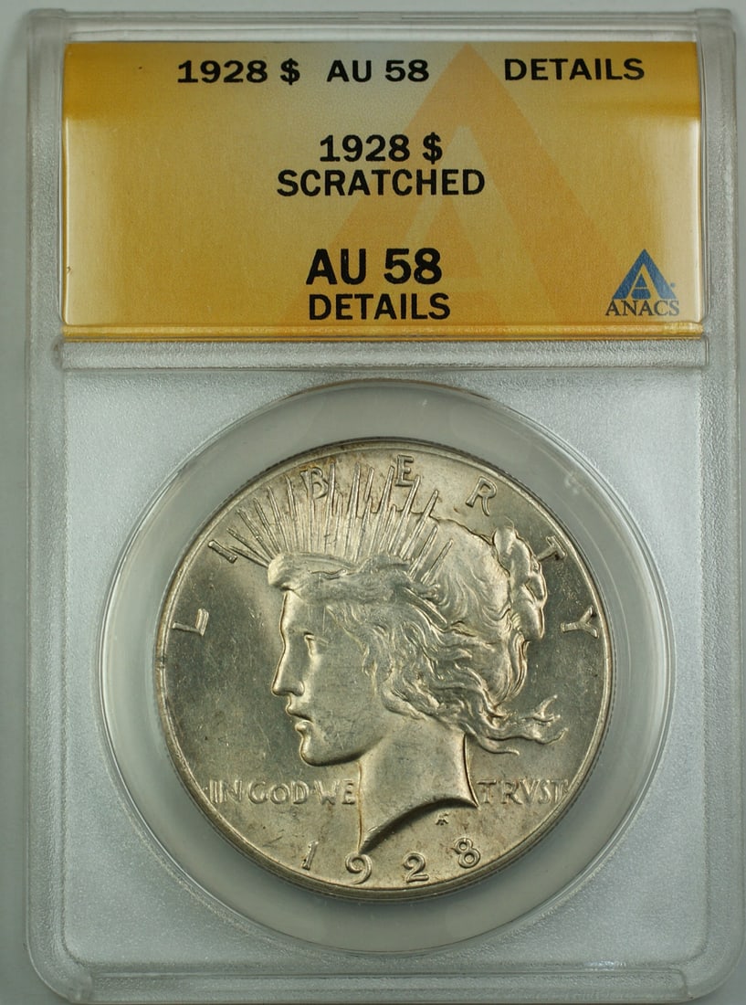 1928 ANACS AU-58 Details Peace Dollar Silver Coin with Light Scratches: 1928 ANACS AU-58 Details Peace Dollar Silver Coin with Light Scratches This 1928 Peace Silver Dollar is a $1 coin graded AU-58 Details by ANACS, indicating it is in almost uncirculated condition with 