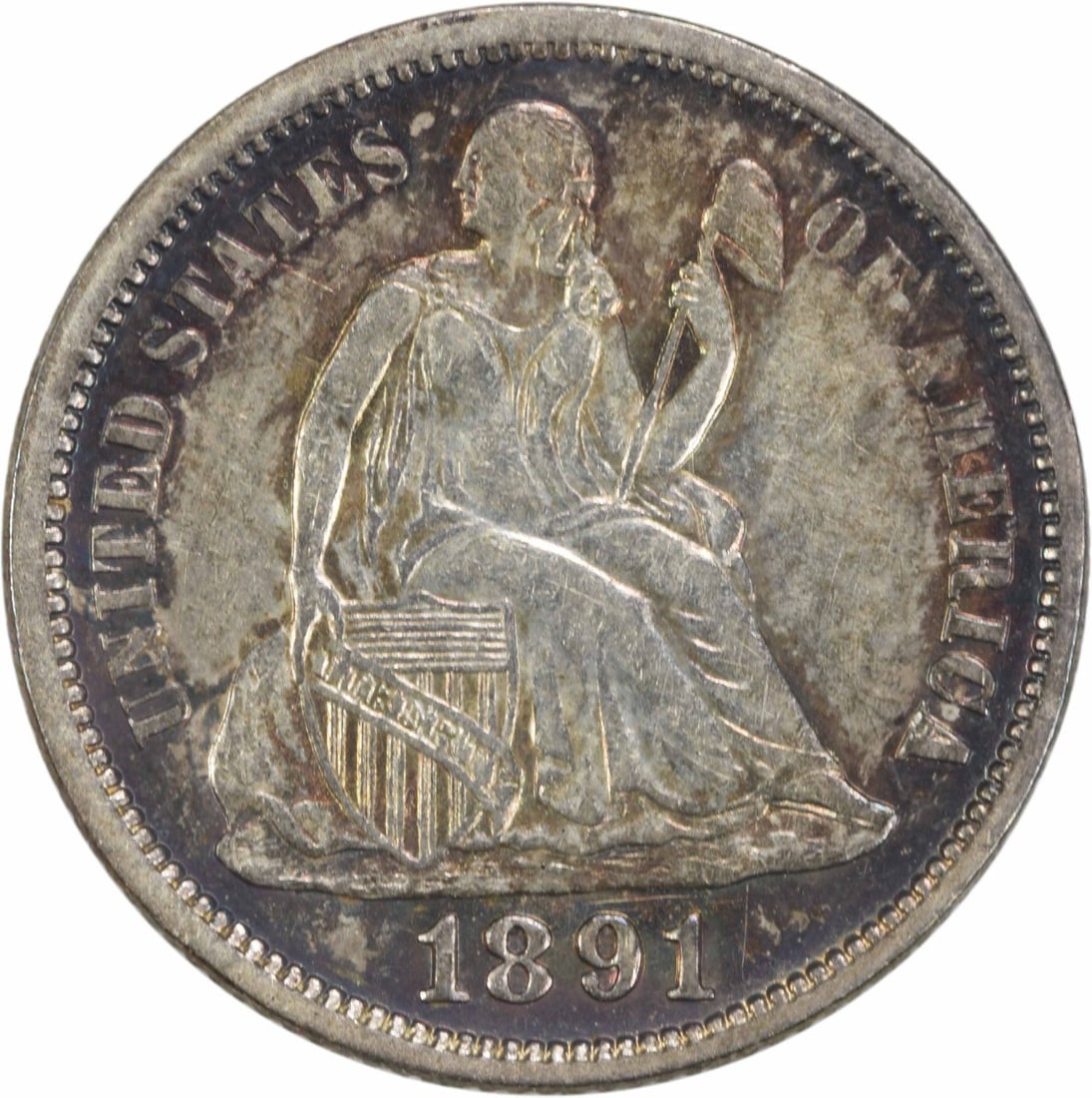 1891 Liberty Seated Dime AU Uncertified 90% Silver 10C: 1891 Liberty Seated Dime AU Uncertified 90% Silver 10C This 1891 Liberty Seated Silver Dime is a beautiful representation of American coinage. Struck at the Philadelphia Mint, this coin features the i