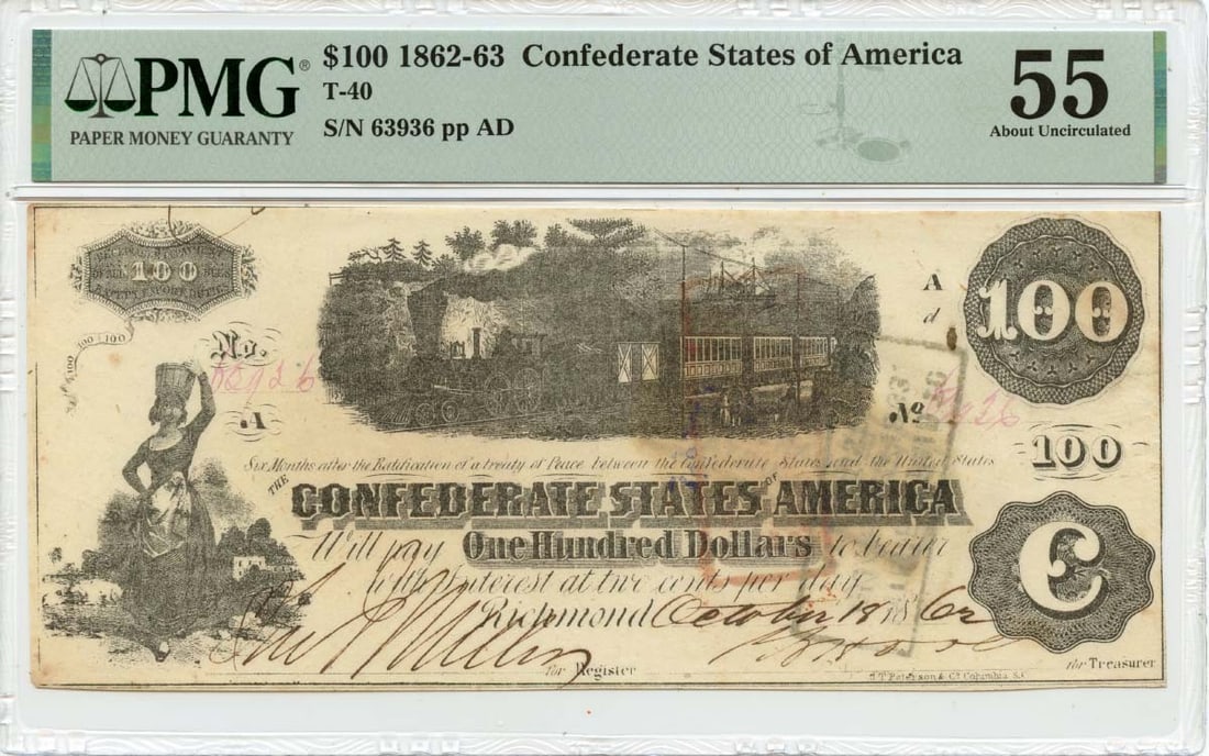 PMG AU55 1862 Confederate States of America T-40 $100 Note: PMG AU55 1862 Confederate States of America T-40 $100 Note 1862 Confederate States of America T-40 $100 note certified by PMG and graded AU55. This pre-owned, circulated note is identified by certific