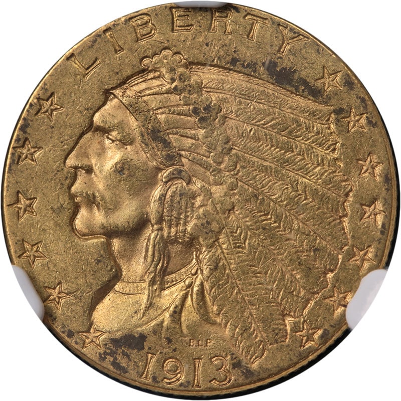 NGC MS61 1913 Indian Head $2.50 Gold Coin Euro-Look: NGC MS61 1913 Indian Head $2.50 Gold Coin Euro-Look Original 1913 Indian Gold $2.50 coin with a super-crusty Euro-Look appearance. Certified and graded MS61 by NGC. Pre-owned condition. Specifications