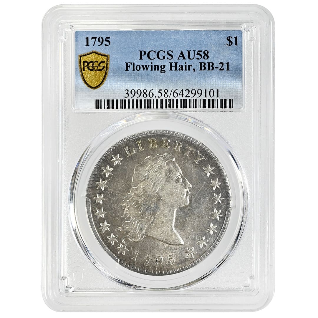 PCGS AU58 1795 Flowing Hair Dollar BB21 Two Leaves Silver Coin: PCGS AU58 1795 Flowing Hair Dollar BB21 Two Leaves Silver Coin 1795 Flowing Hair Silver Dollar, Two Leaves BB-21 variety, graded AU58 by PCGS. This rare early United States dollar features a silver-gr