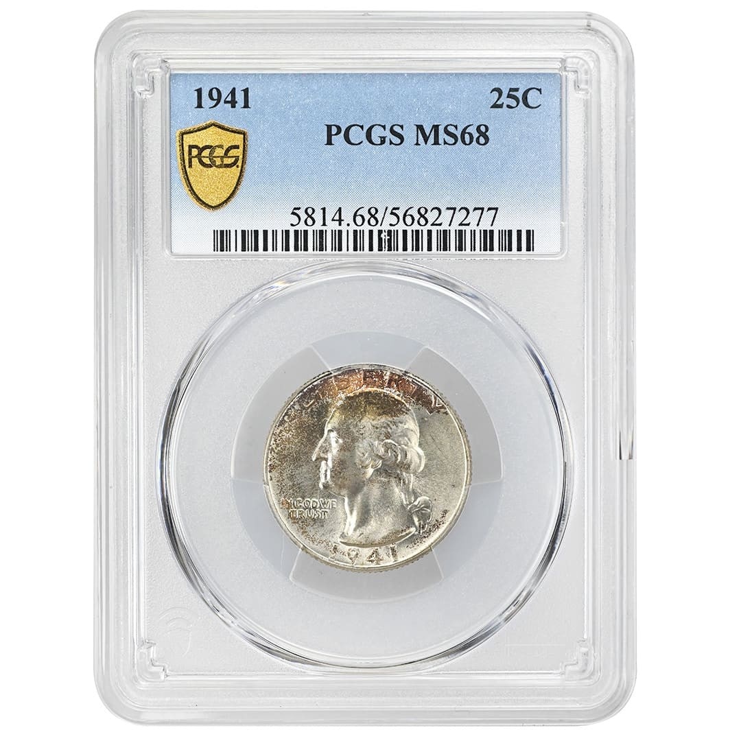 PCGS MS68 1941 Philadelphia Washington Silver Quarter 25C: PCGS MS68 1941 Philadelphia Washington Silver Quarter 25C 1941 Washington Quarter certified by PCGS in MS68 grade. This silver 25C coin is highly lustrous and sharply struck, with mostly white surface