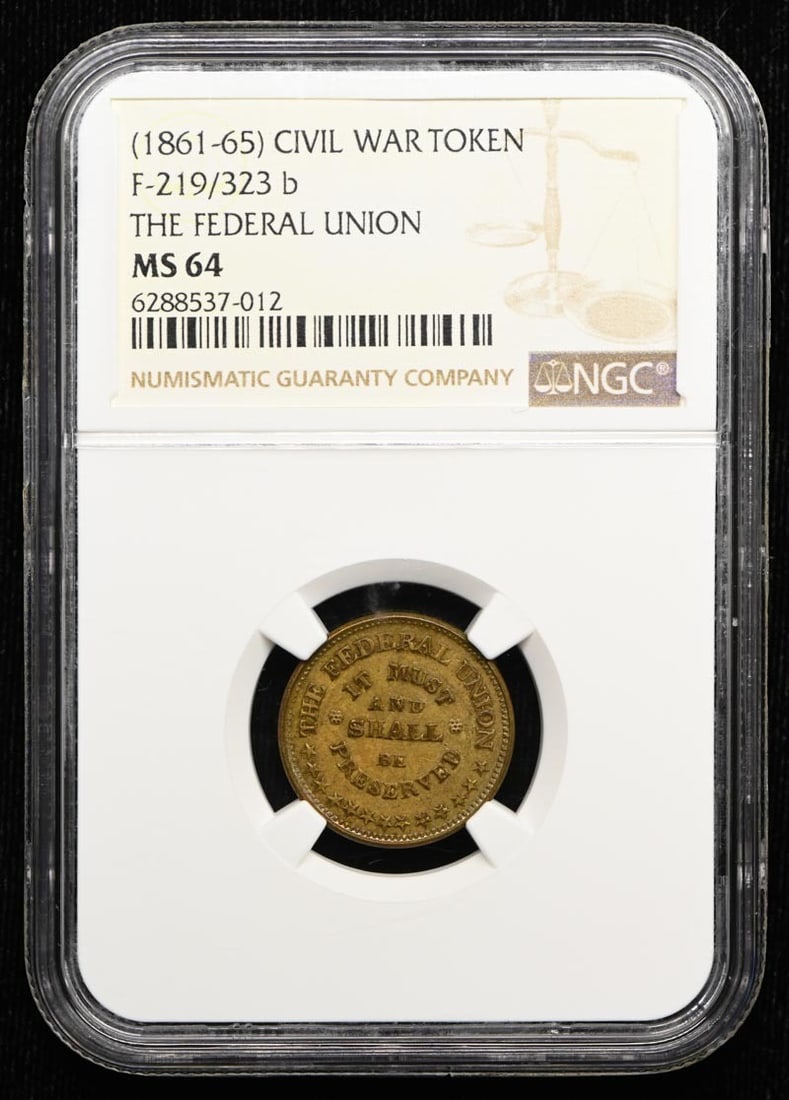 NGC MS64RB Civil War Token F-219 323b United States 1861: NGC MS64RB Civil War Token F-219 323b United States 1861 Civil War token dated 1861-65 and identified as F-219/323 b. This pre-owned example is graded by NGC as MS64RB and listed in uncirculated condi