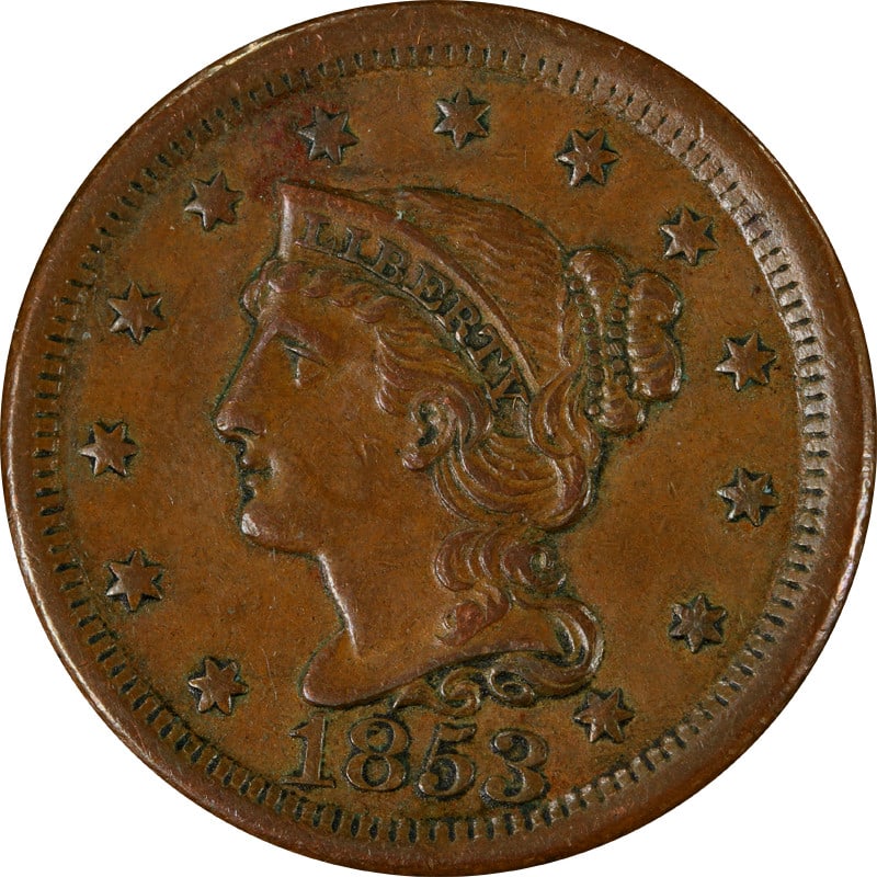 1853 Large Cent Copper Coin Circulated UNCERTIFIED: 1853 Large Cent Copper Coin Circulated UNCERTIFIED This 1853 Large Cent offers a glimpse into American history, featuring a classic design made of copper with a fineness of 0.9. The coin is circulated