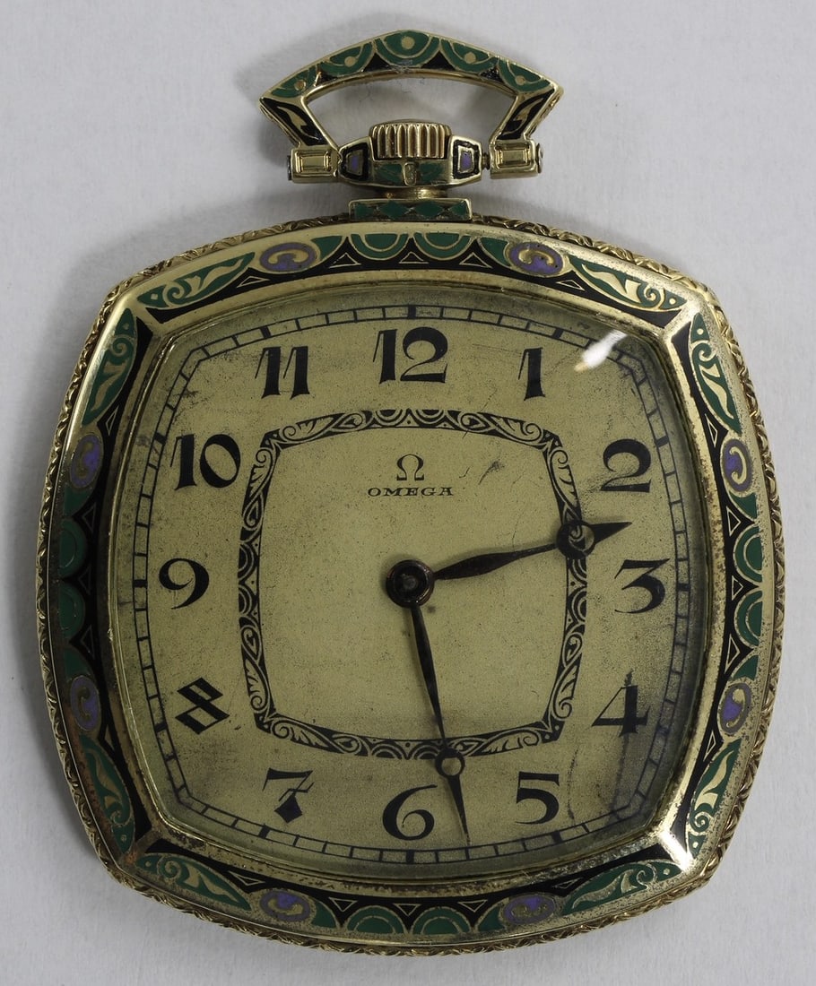 Omega 14K Gold Enamel Pocket Watch Art Deco Cushion Case 1920s: Omega 14K Gold Enamel Pocket Watch Art Deco Cushion Case 1920s Vintage Omega pocket watch with a manual mechanical movement and an open-face design. This pre-owned watch features an analog 12-hour dia