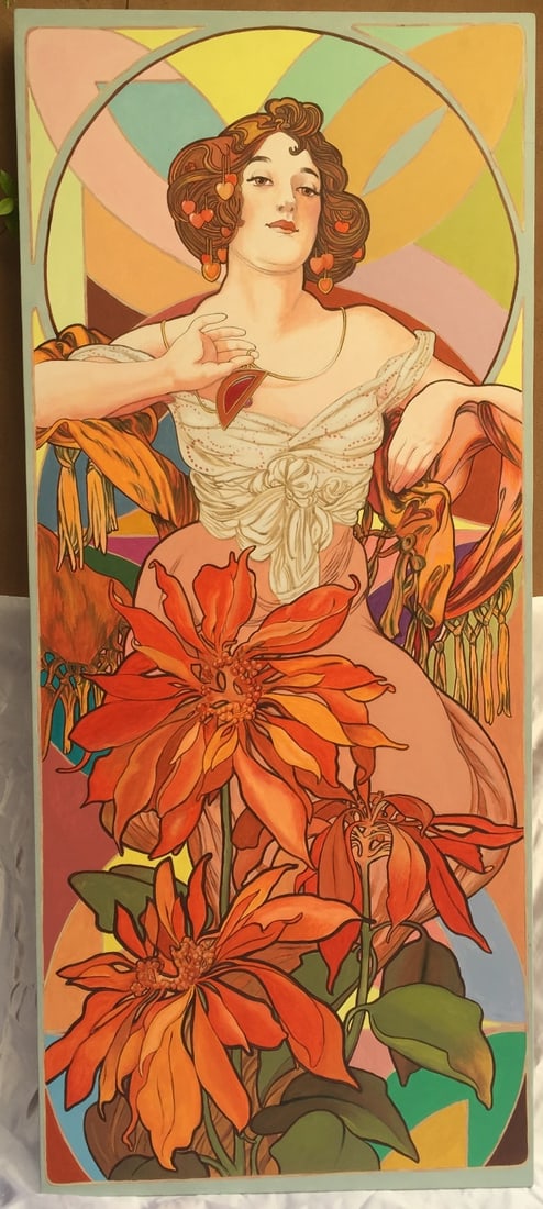 Signed Oil Painting on Wood Panel by Ralph Allen Massey Art Nouveau: Signed Oil Painting on Wood Panel by Ralph Allen Massey Art Nouveau Original Art Nouveau oil painting on wood panel by Ralph Allen Massey, featuring a young lady among flowers. The work is signed and 