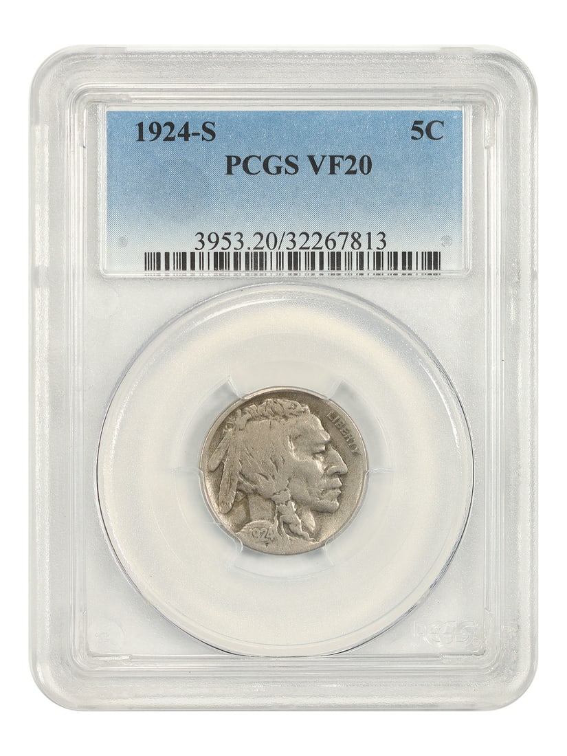 PCGS VF20 1924 S Buffalo Nickel 5C San Francisco Mint: PCGS VF20 1924 S Buffalo Nickel 5C San Francisco Mint 1924-S Buffalo Nickel certified by PCGS in VF20. This circulated 5C coin is a key-date San Francisco issue. The PCGS holder has a few chips on the
