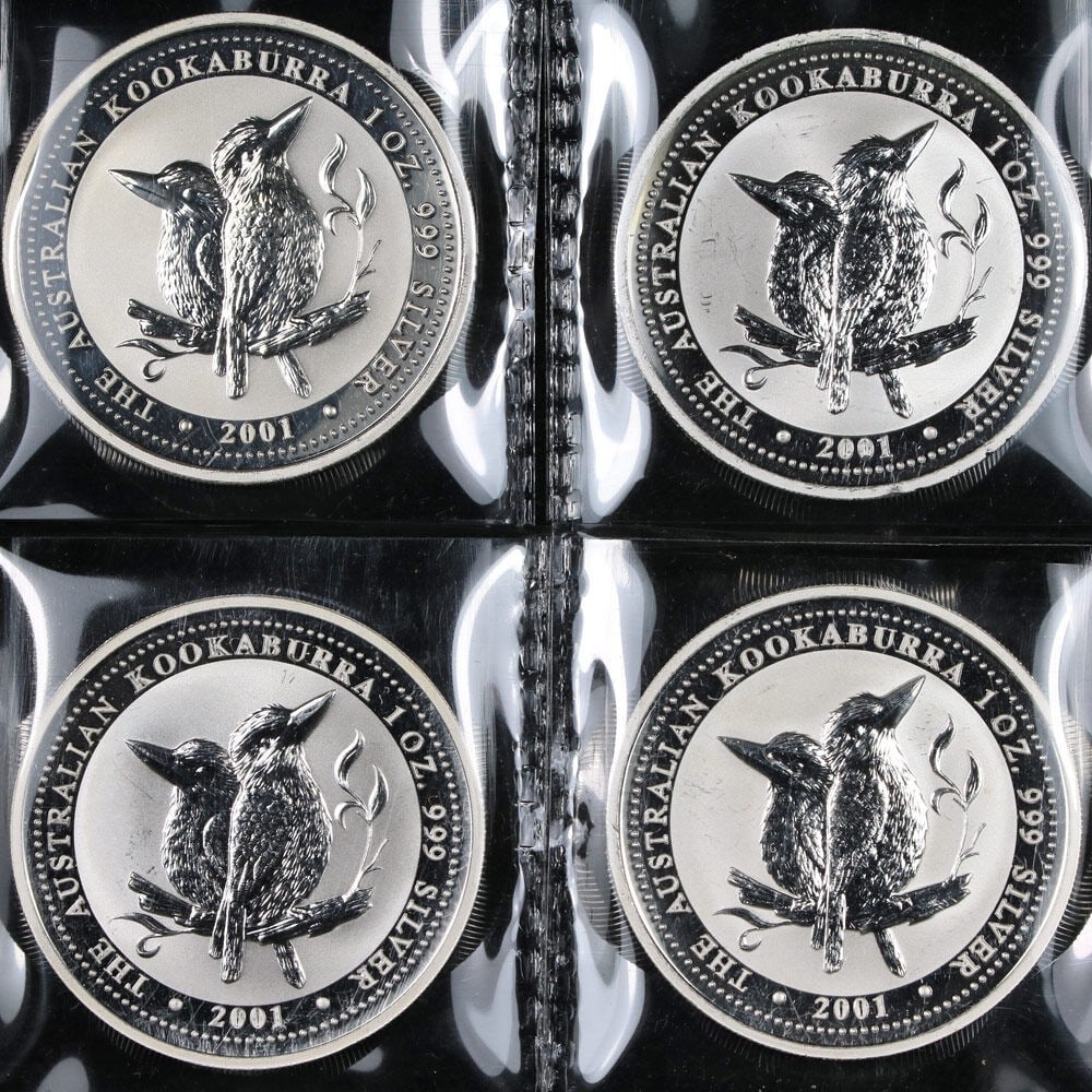 Lot of 4 2001 Australia Silver $1 Kookaburra 1 Ounce Coins: Lot of 4 2001 Australia Silver $1 Kookaburra 1 Ounce Coins Original 2001 Australia Silver $1 Kookaburra impaired lot consisting of four 1 ounce coins. This pre-owned uncirculated set shows nice eye ap