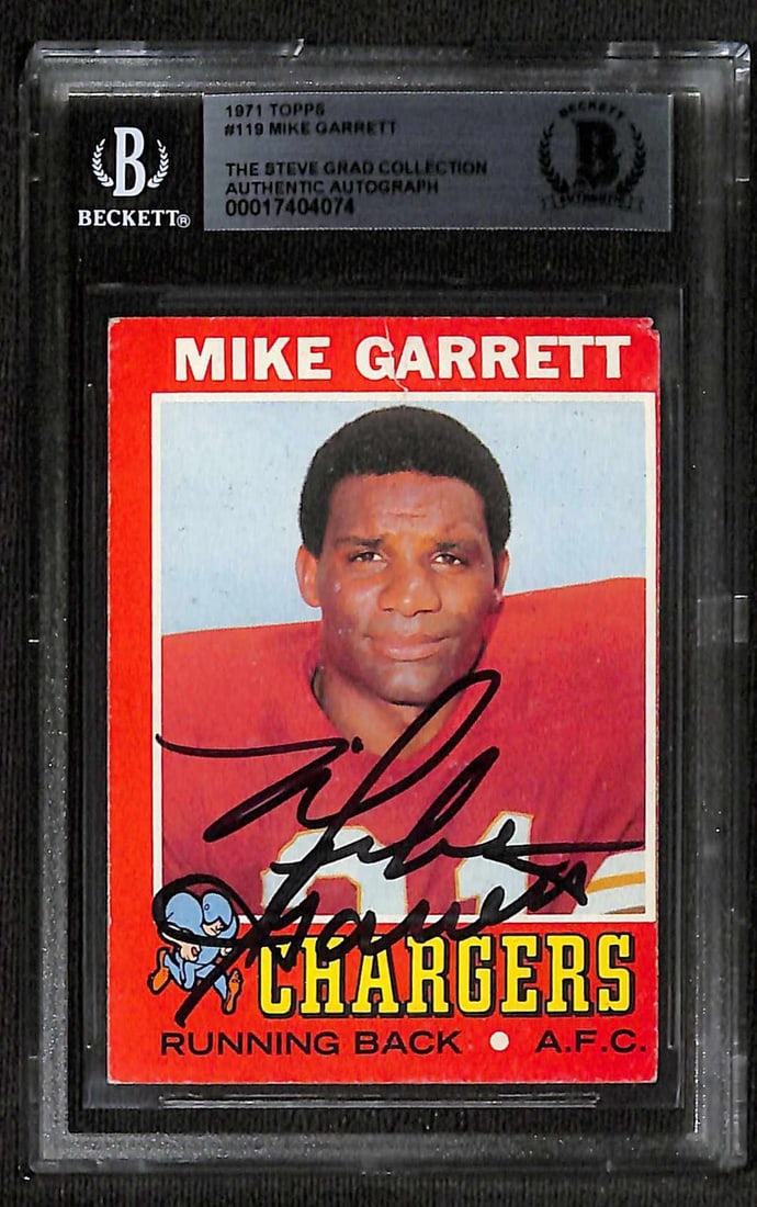 Autographed 1971 Topps Football Card Mike Garrett Beckett Authenticated: Autographed 1971 Topps Football Card Mike Garrett Beckett Authenticated This is an original 1971 Topps #119 sports trading card featuring San Diego Chargers running back Mike Garrett. The card has bee