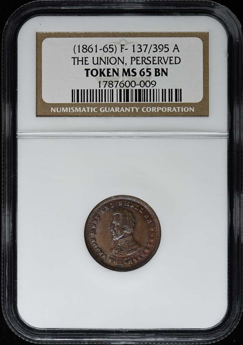 NGC MS65BN 1861 Civil War Union Preserved Token F-137 395a: NGC MS65BN 1861 Civil War Union Preserved Token F-137 395a Civil War Union Preserved token dated 1861-65 and graded NGC MS65BN. This pre-owned piece is uncirculated and encapsulated by NGC. Specificat