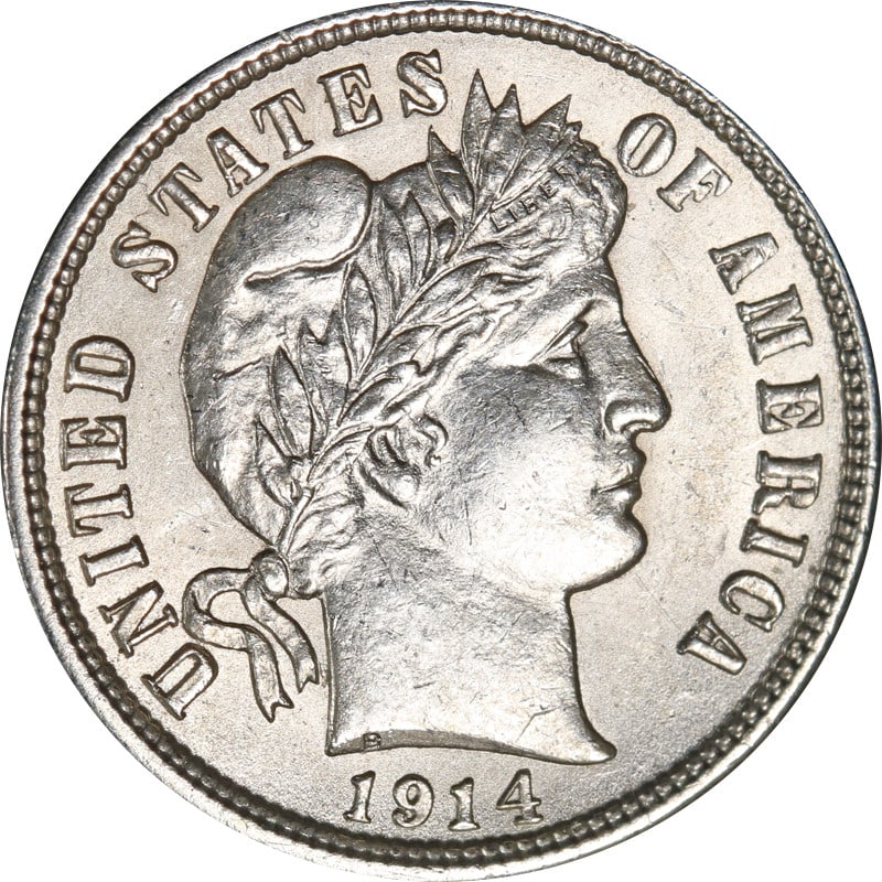 Uncirculated 1914 D Barber silver dime (1 of 2)
