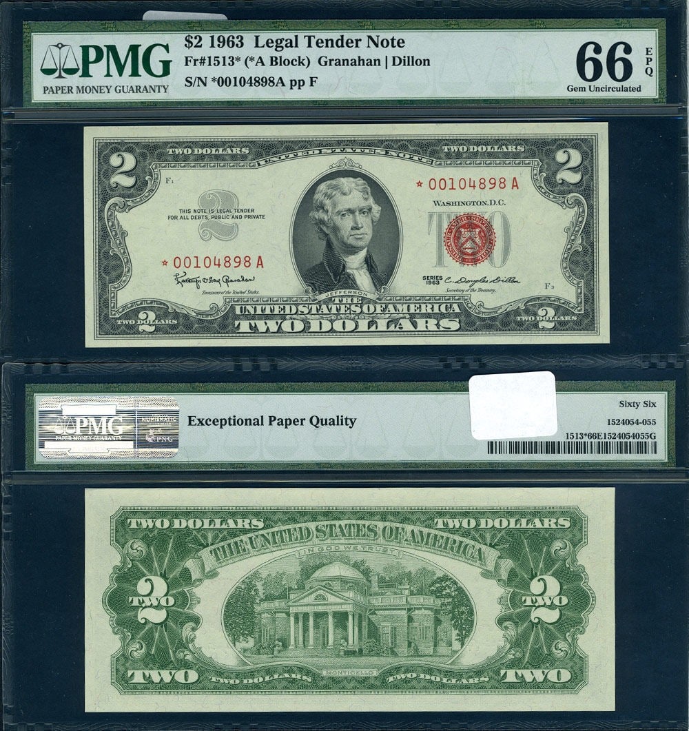 1963 $2 Legal Tender Star Note Fr 1513 A Block PMG Gem CU66 EPQ: 1963 $2 Legal Tender Star Note Fr 1513 A Block PMG Gem CU66 EPQ 1963 United States $2 Legal Tender note, Friedberg 1513*, certified by PMG as Gem CU66 EPQ. This Star note from the *-A block is describ