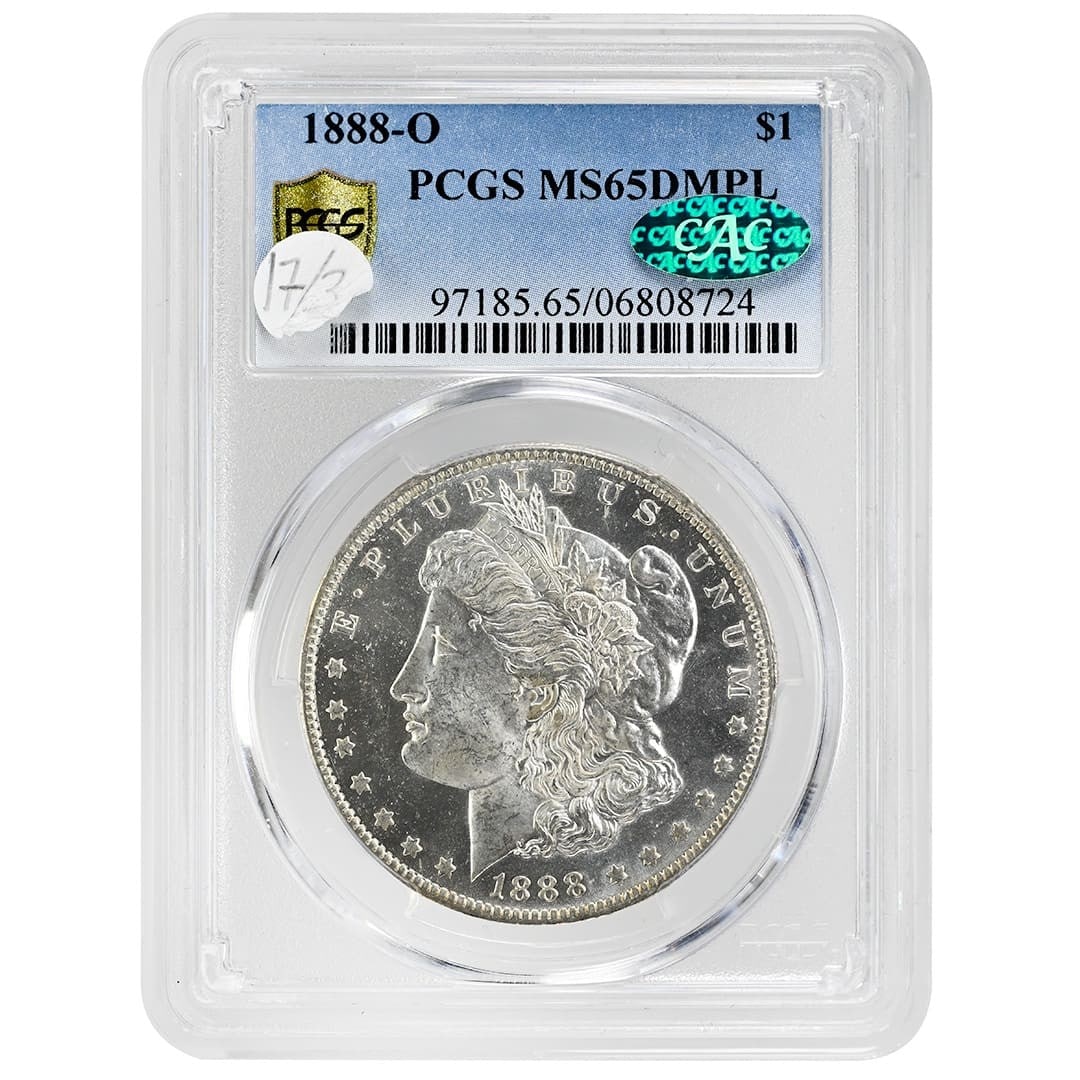 PCGS MS65 DMPL CAC 1888 O Morgan $1 Silver Coin: PCGS MS65 DMPL CAC 1888 O Morgan $1 Silver Coin 1888-O Morgan Silver Dollar graded PCGS MS65 DMPL and bearing CAC approval. This pre-owned United States silver $1 coin is a Morgan dollar struck in 188