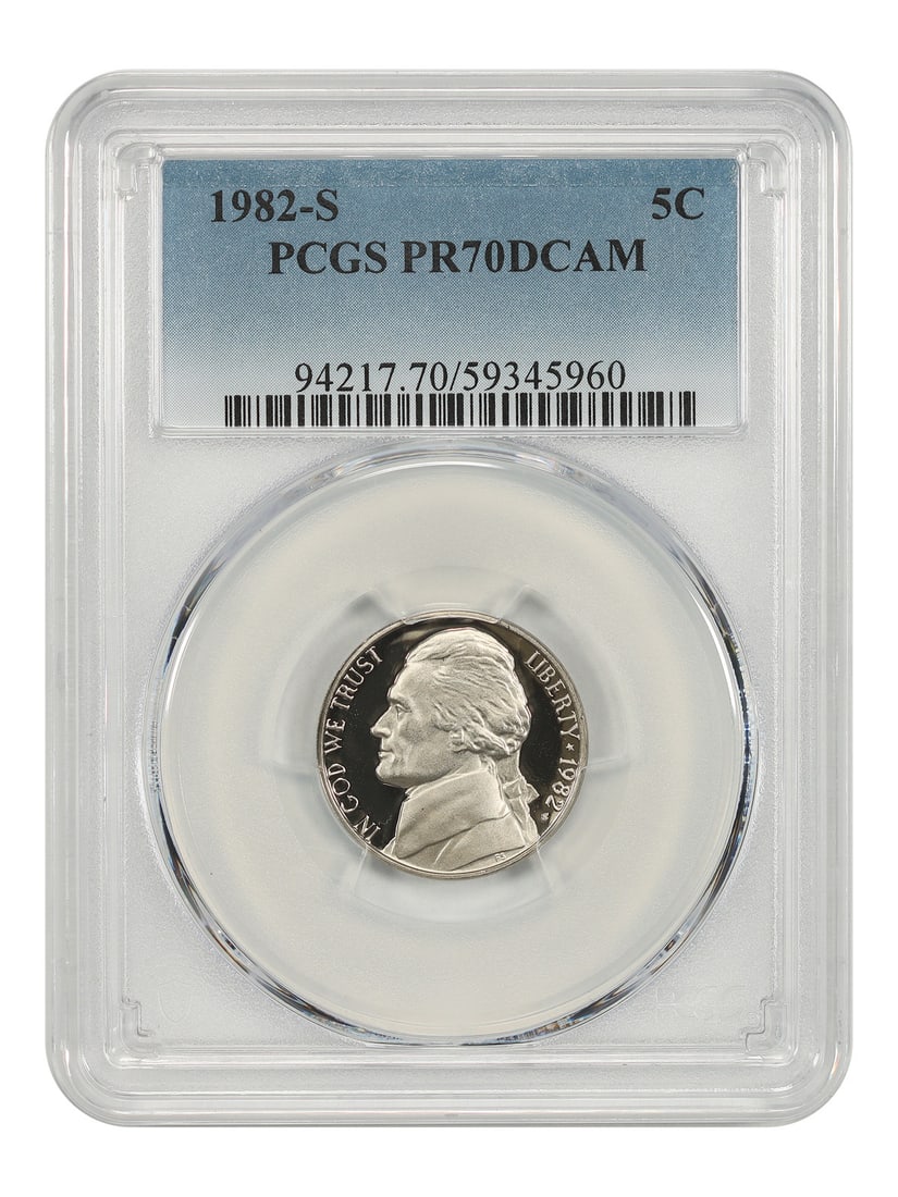 PCGS PR70DCAM 1982-S Jefferson 5C Nickel: PCGS PR70DCAM 1982-S Jefferson 5C Nickel 1982-S Jefferson Nickel certified by PCGS as PR70DCAM. This uncirculated 5C coin is a pre-owned example. Specifications Denomination: 5C Year: 1982 Mint Locati