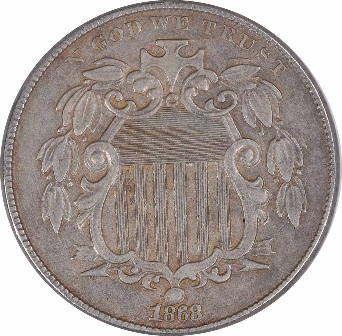 1868 5C Shield Nickel EF Philadelphia Uncertified: 1868 5C Shield Nickel EF Philadelphia Uncertified 1868 Shield Nickel coin with EF grade and circulated condition. This uncertified 5C piece features the Shield design by James Barton Longacre and is a