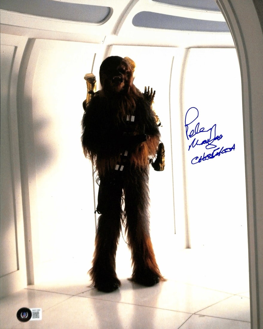 Beckett Certified Peter Mayhew Signed 11x14 Chewbacca Photo: Beckett Certified Peter Mayhew Signed 11x14 Chewbacca Photo Original 11x14 photograph from Star Wars: The Empire Strikes Back, Bespin Escape, signed by Peter Mayhew in blue permanent marker and inscri